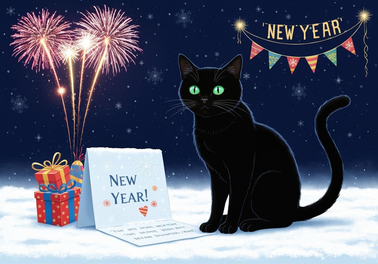 Magical Black Cat with Green Eyes and New Year's Magic