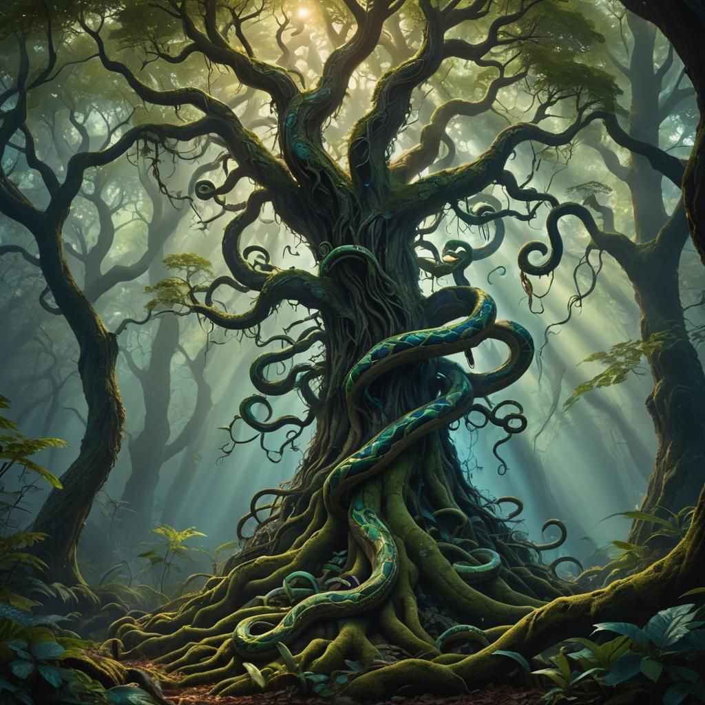 Mystical Snake Tree in Dark Fantasy Style