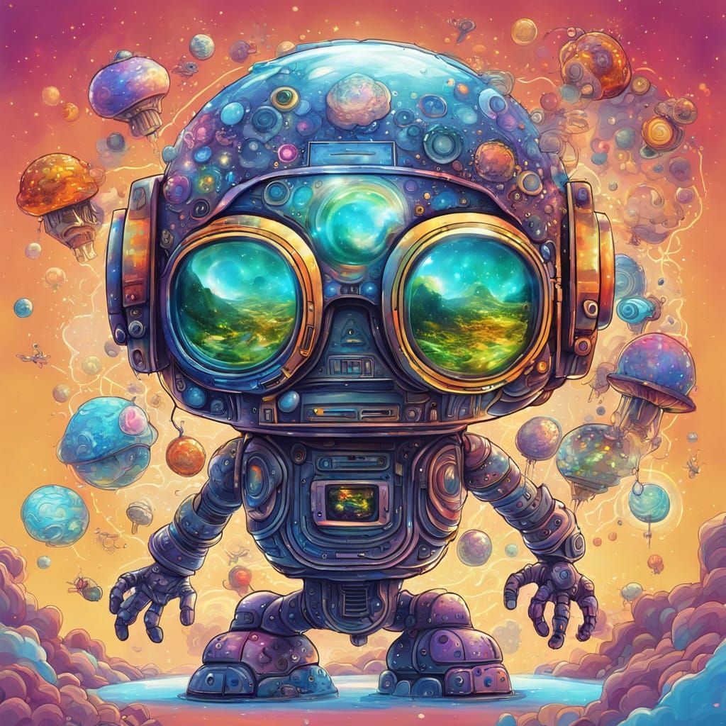 Cosmic Robot with Holographic Nursery Flower Logo and Pluton...