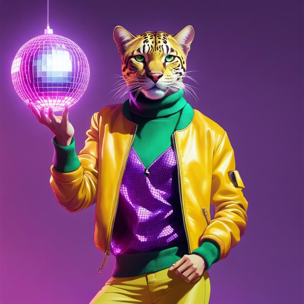 Colorful Disco Panther Portrait in Vintage Style