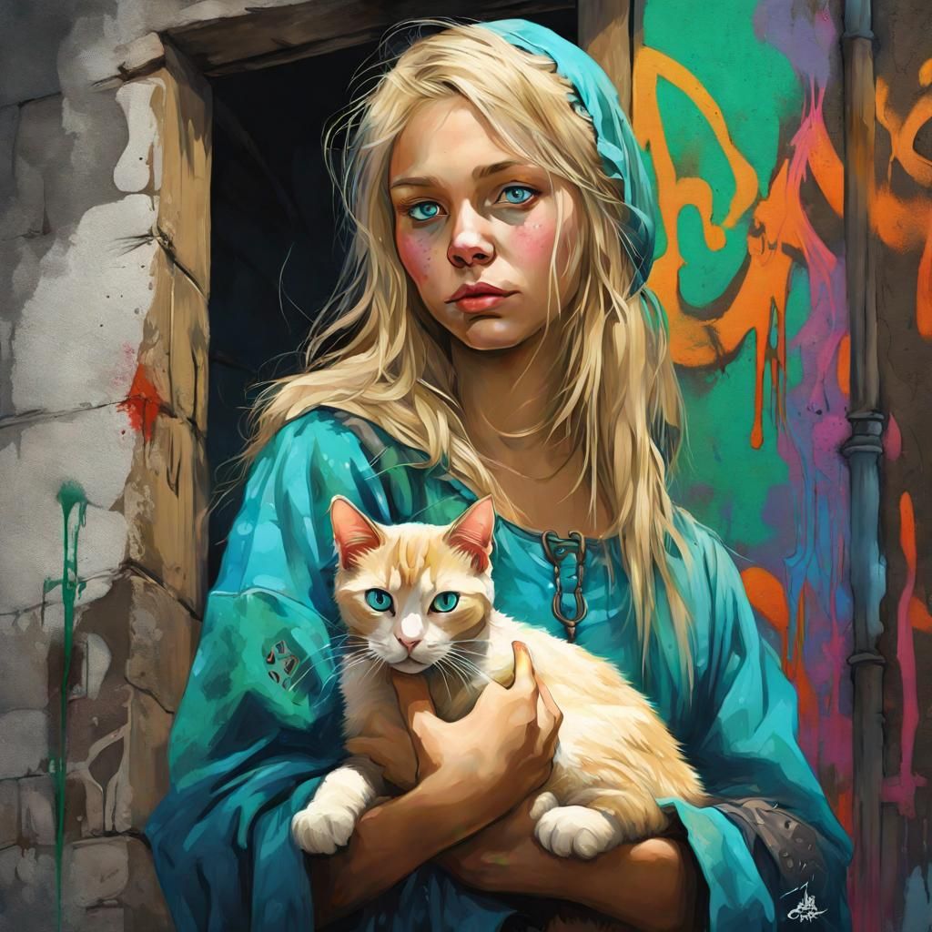Medieval Peasant Girl with Cat in Graffiti Art