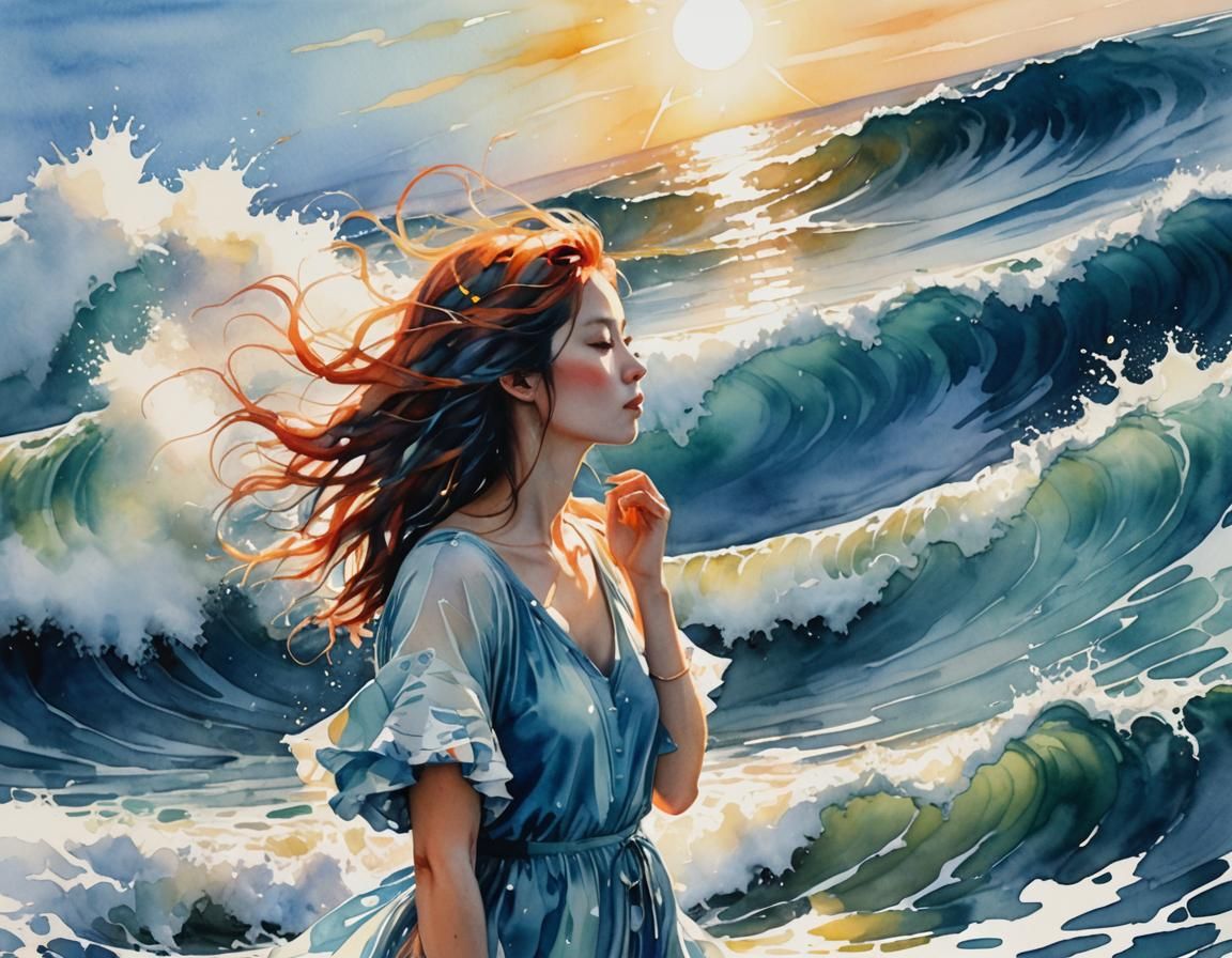 Ocean Waves in Watercolor Abstract Expressionism