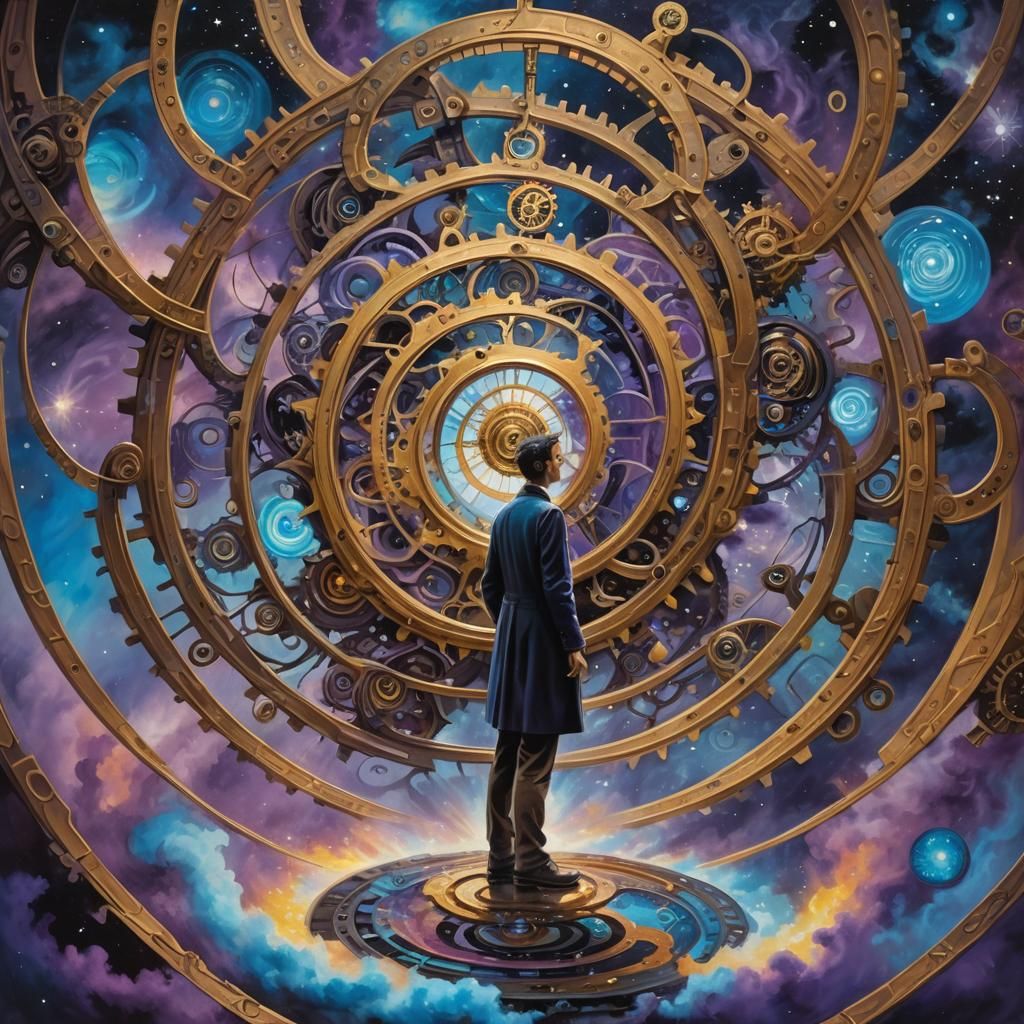 Time Traveler at Vortex in Surreal Oil Painting