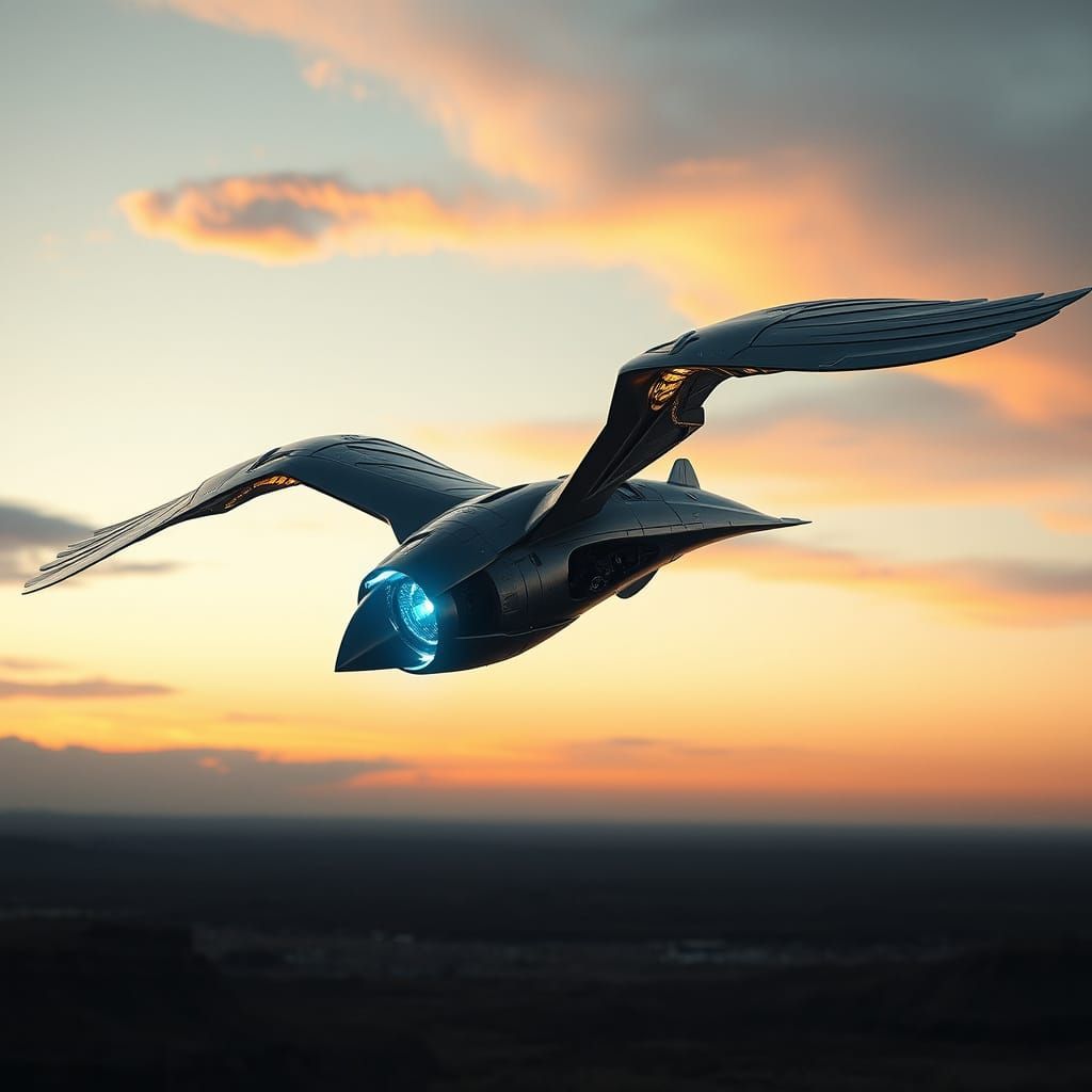 Sleek Silver Ornithopter Soars Above Post-Apocalyptic Wastel...