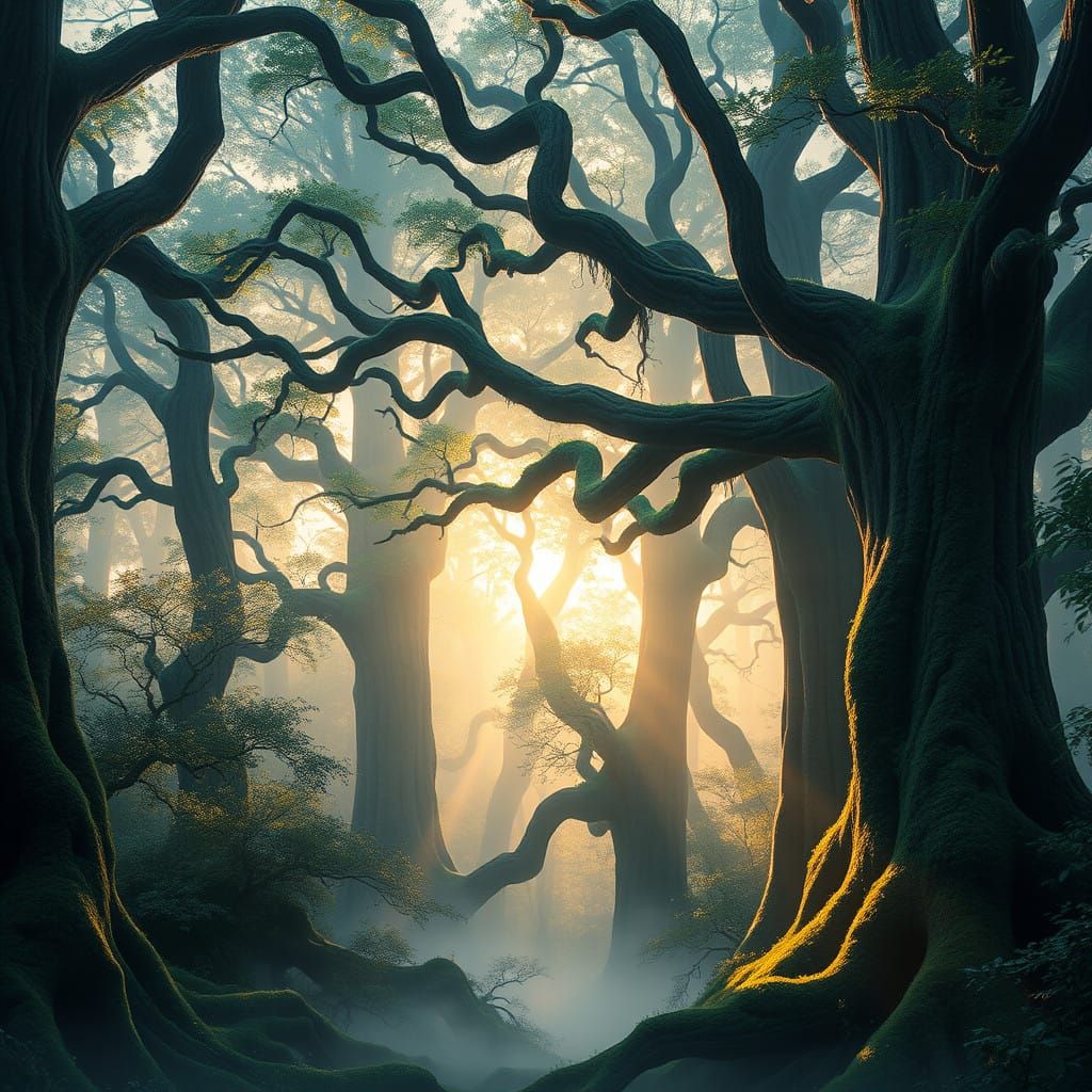 Ethereal Forest Beings Unite in Majestic, Sunrise-Lit Dance