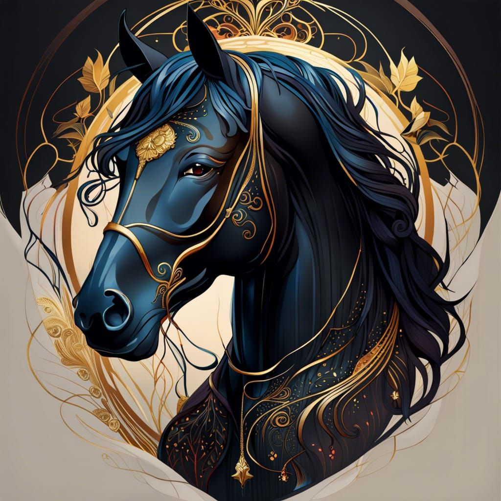 Detailed Portrait of a Black Horse with Golden Outlines
