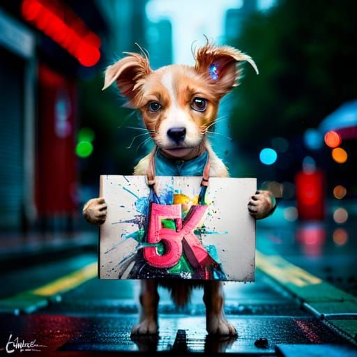Adorable Puppy Celebrates 5K in Hyperreal Splash Art