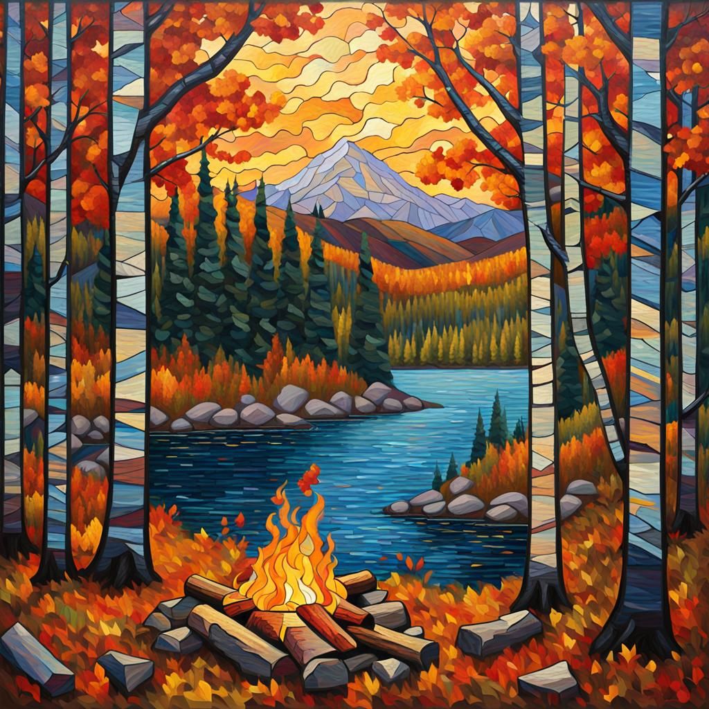 Stained Glass Hiker's Campfire in Autumn Clearing