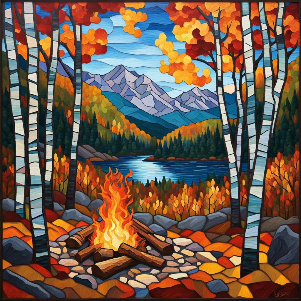 Stained Glass Hiker Campfire in Autumnal Forest