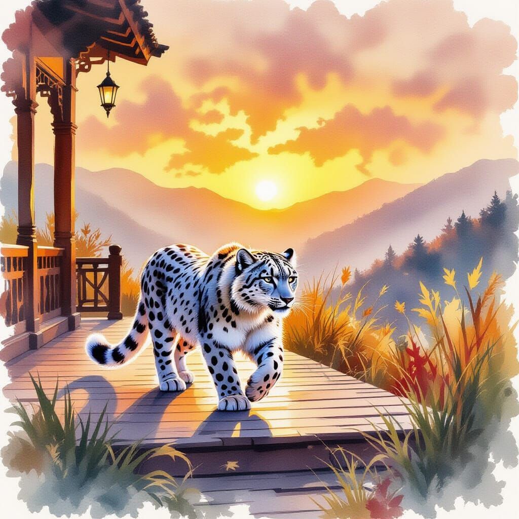Snow Leopard in Autumn, Watercolour Painting