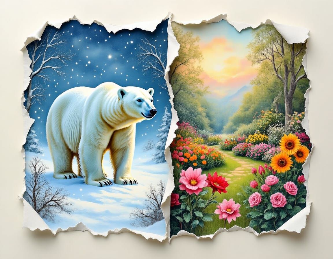 Summer Garden Meets Winter Blizzard in Torn Paper Art