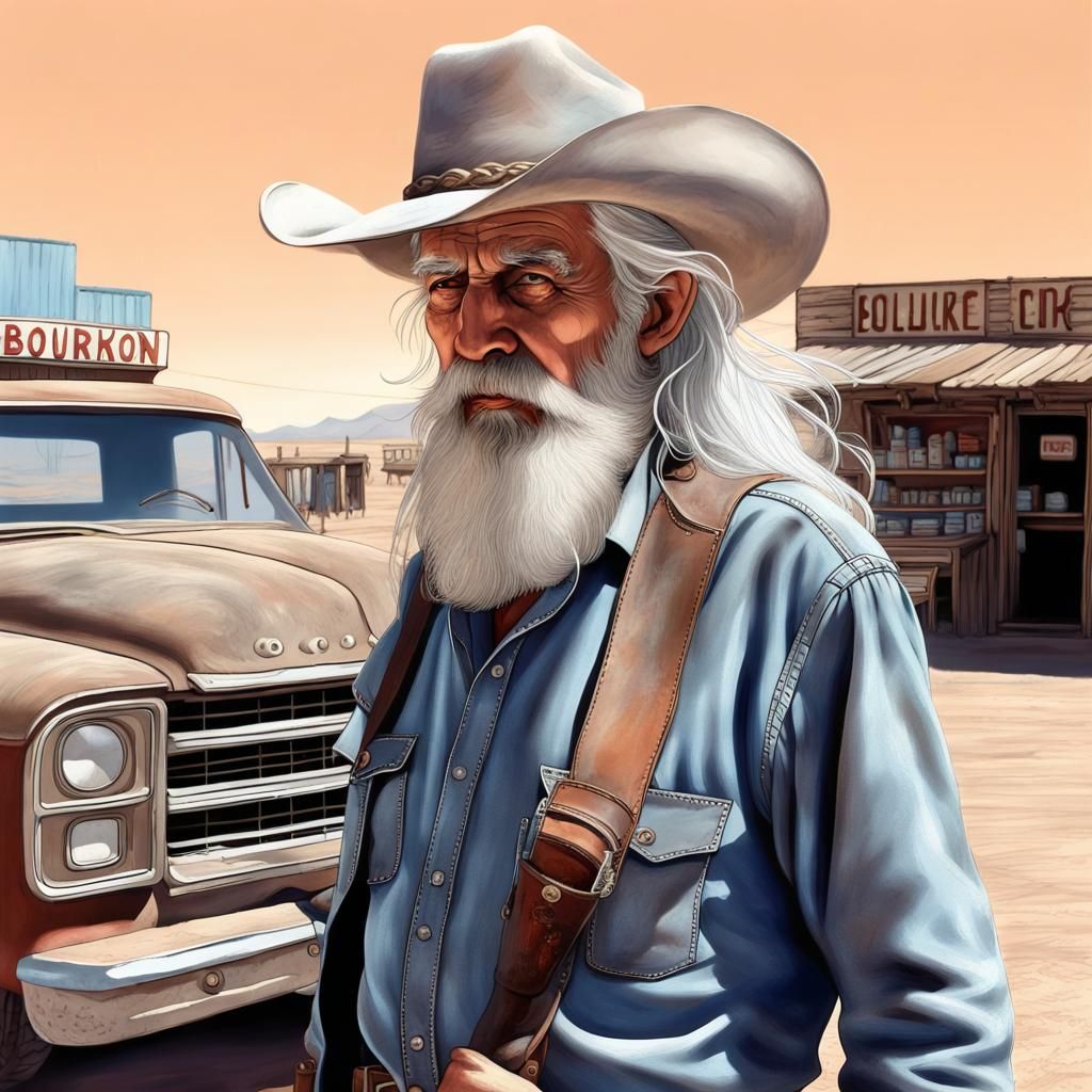 Cowboy Exits Store in Retrofuturist Desert Town
