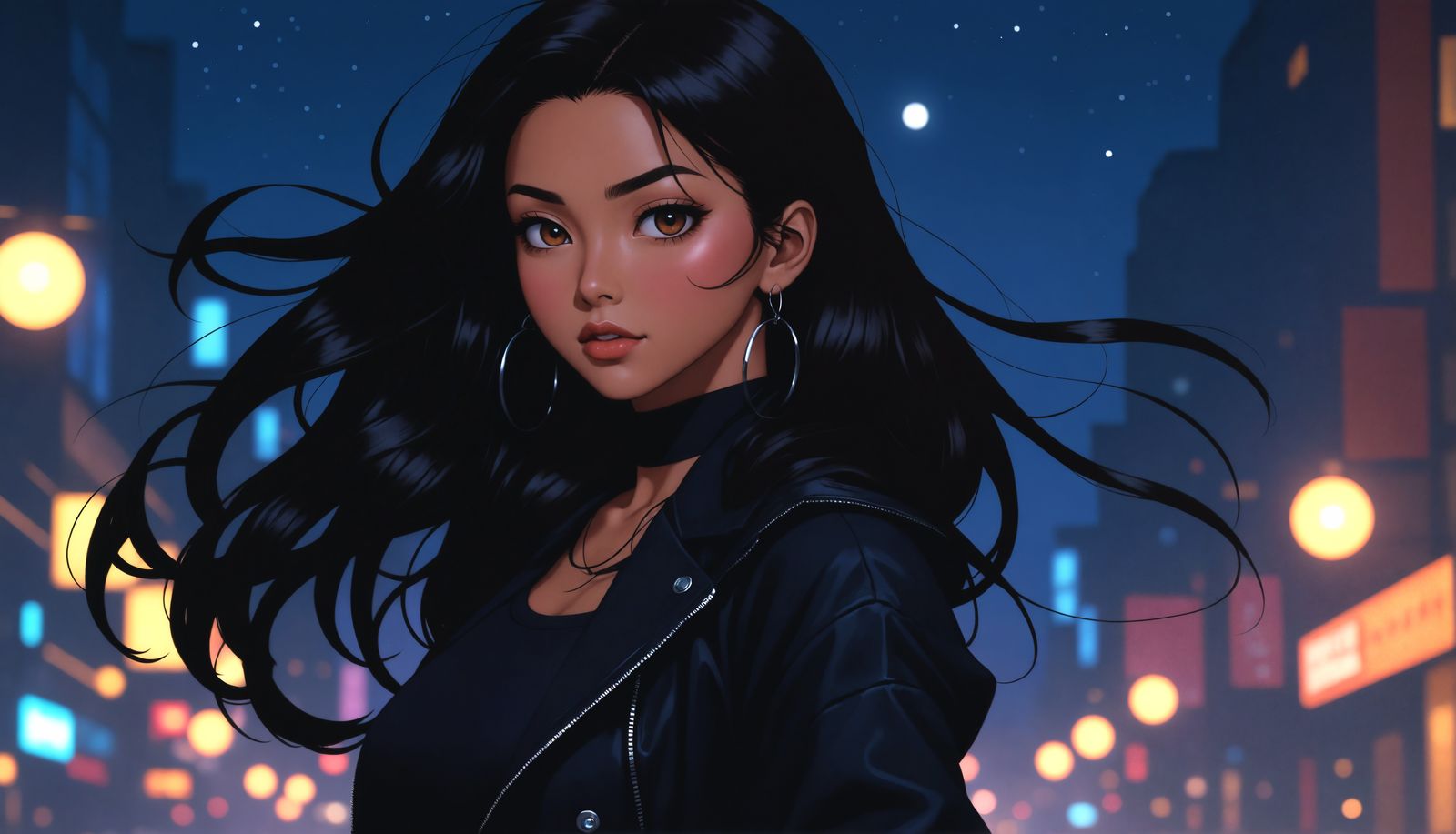 90s Anime Girl with Voluminous Dark Hair