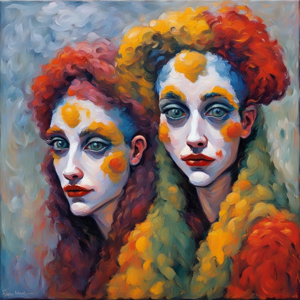 Two Sad Jesters in Expressionist Line Art