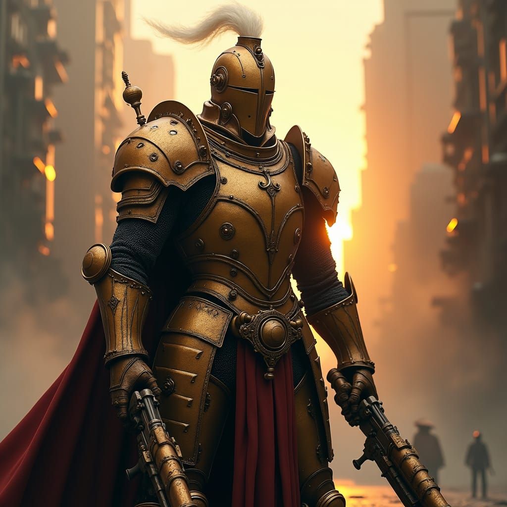 Steampunk Knight in Dystopian Cityscape