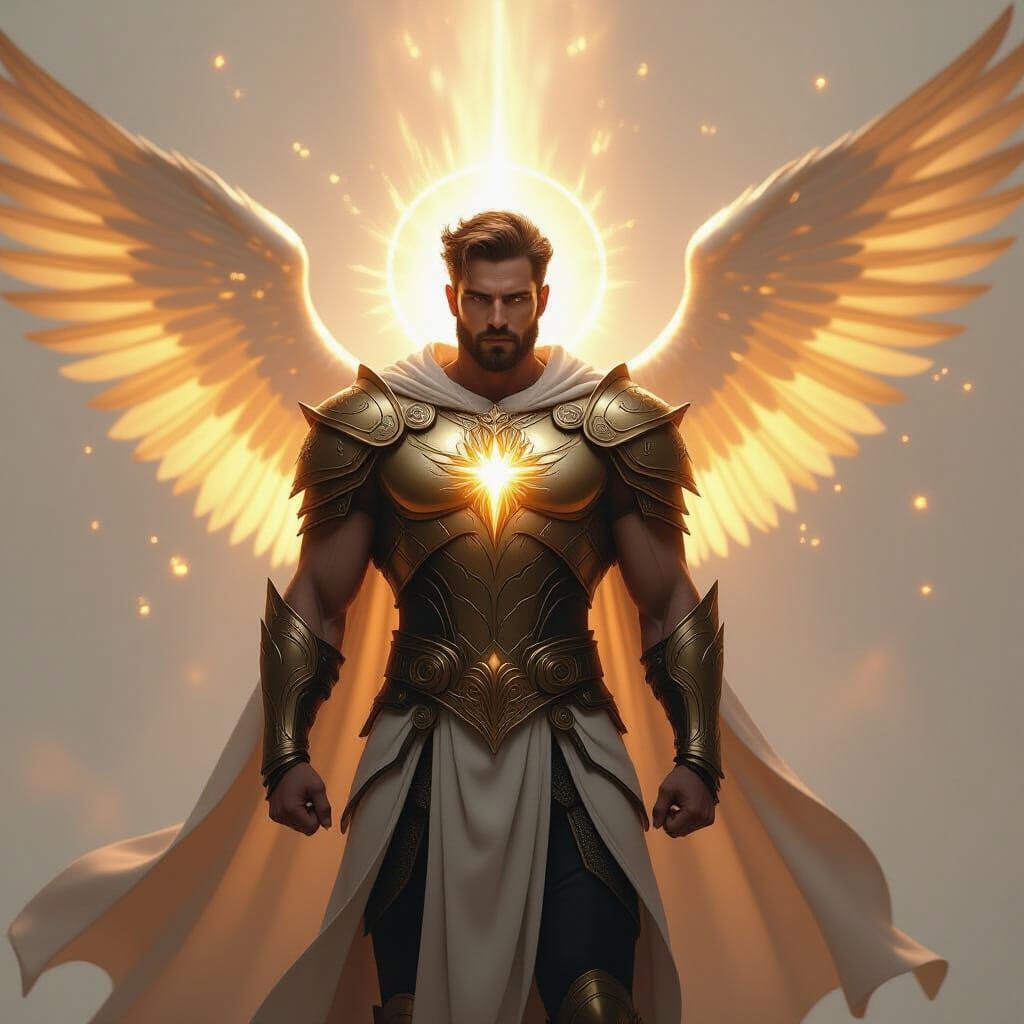 Radiant Armored Figure Emerging from Light