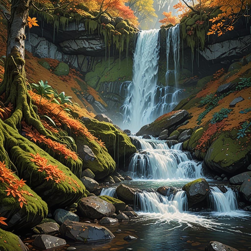 Autumn Waterfalls Cascade Down Mossy Rocks in Concept Art St...