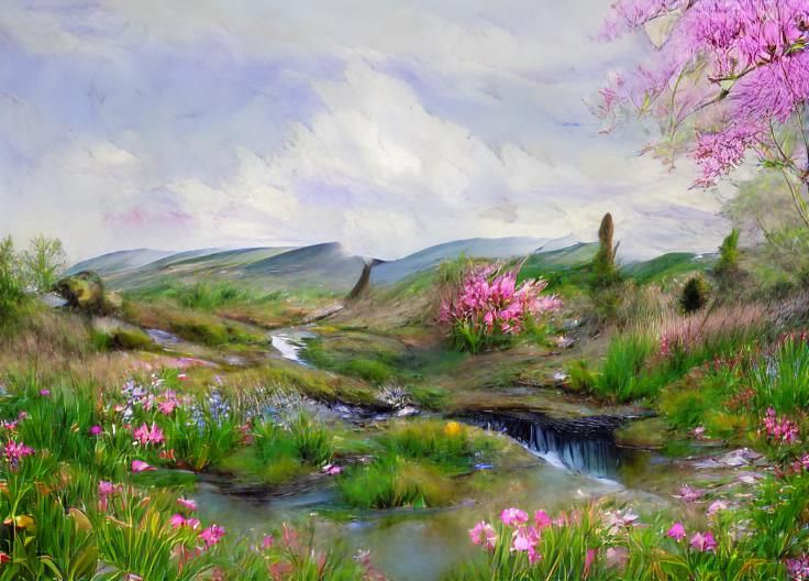 Blooming Flowers by Stream: A Tranquil Landscape
