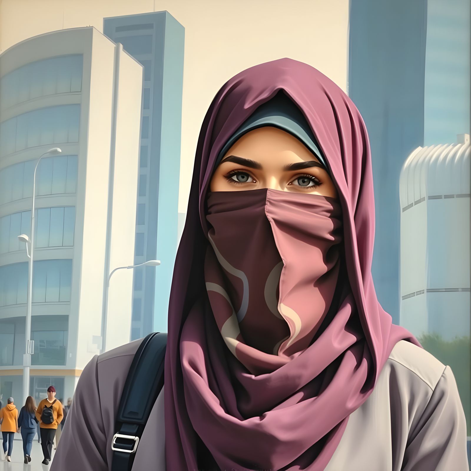 Hijabi Woman in Cityscape: Oil Painting