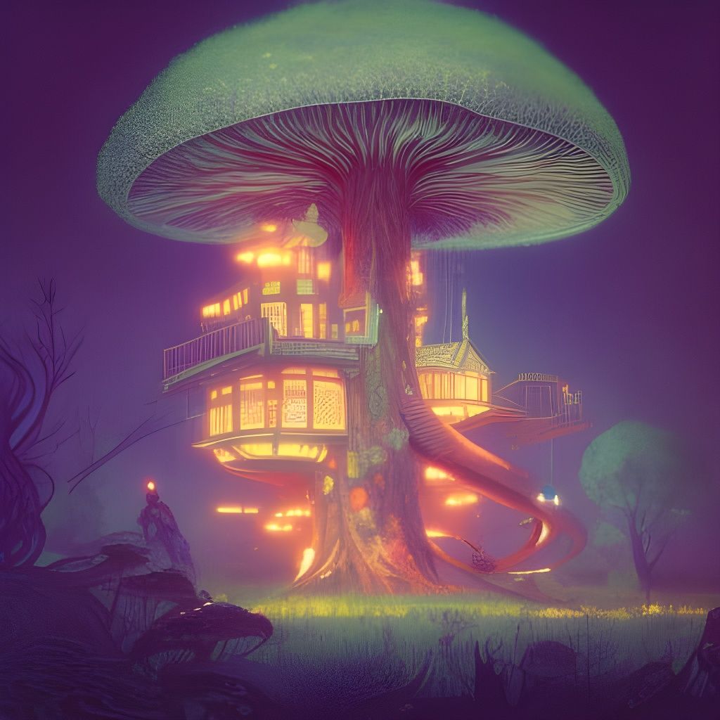 Otherworldly Treehouse with Giant Mushrooms