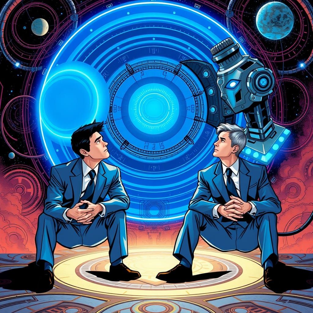 Two Men Contemplate a Glowing Blue Orb in a Futuristic Scene