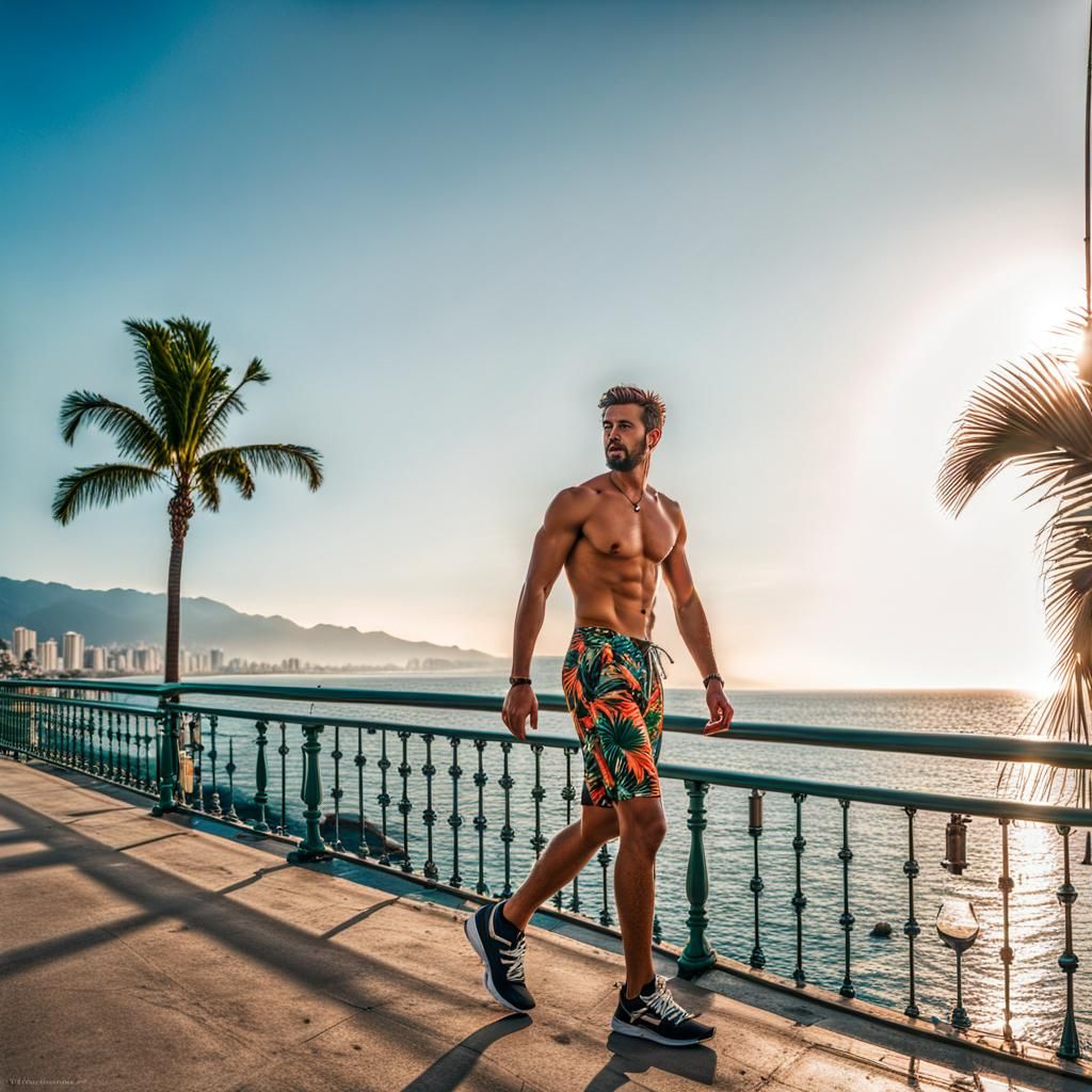 Shirtless Man Walking on Puerto Vallarta Malecon