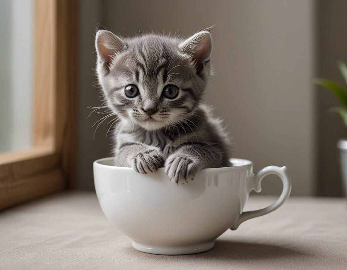 Grey Kitten Snuggles in Porcelain Teacup