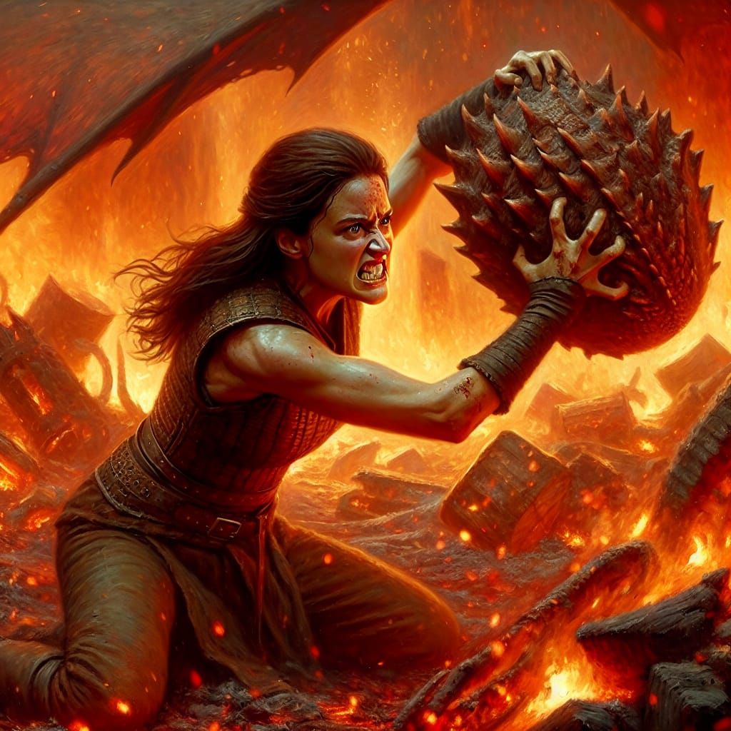 Dragon Slayer About to Smash Dragon Egg, Oil Painting