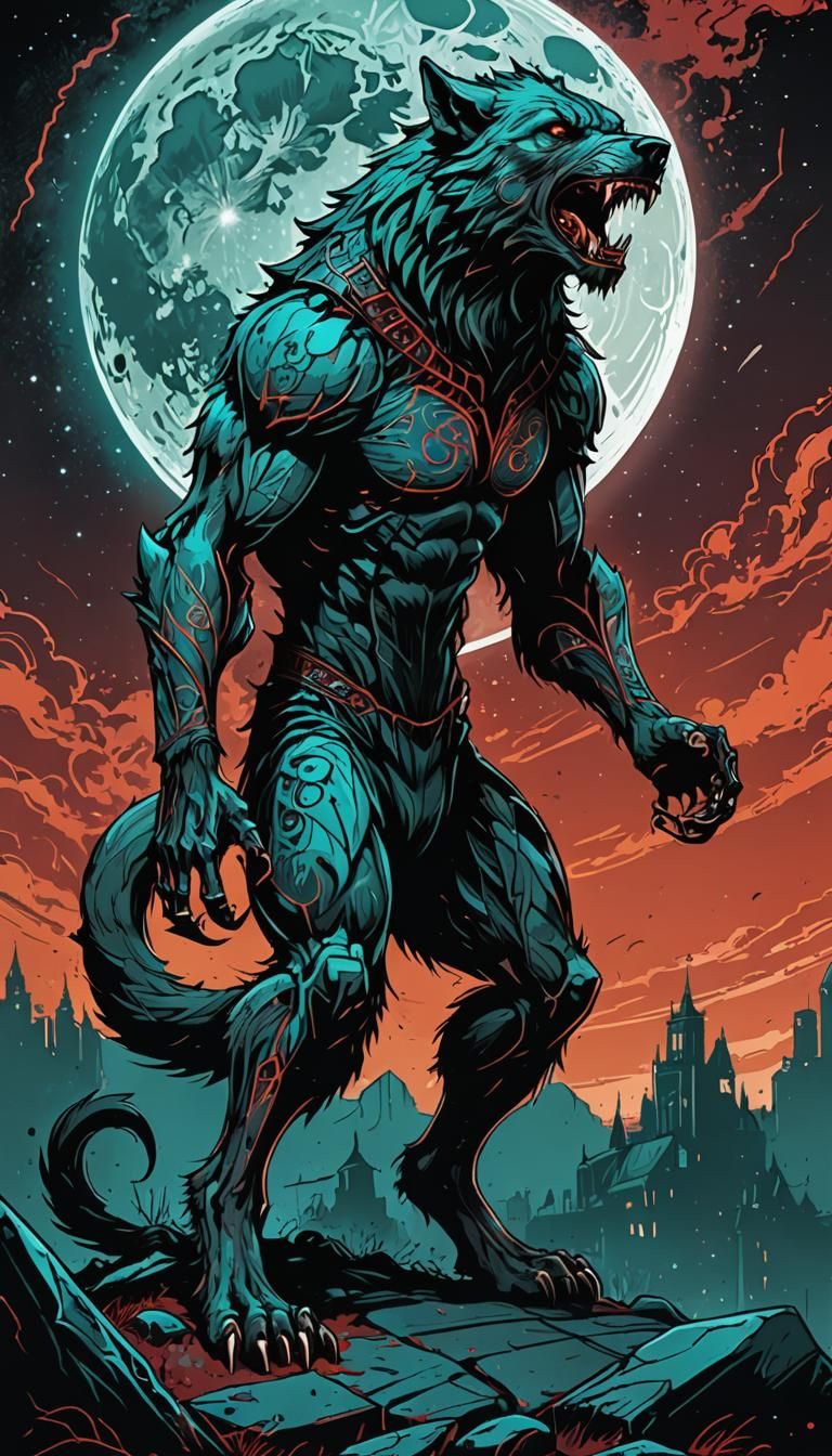 Dramatic Werewolf Howling at Moon in Sketch Style