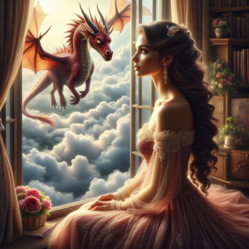 Woman Watches Dragon Fly Past Window in Golden Light