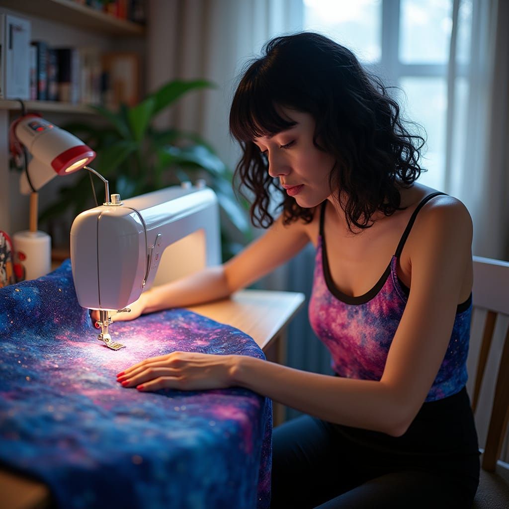 Woman Sews Galaxy Quilt in Digital Art Style