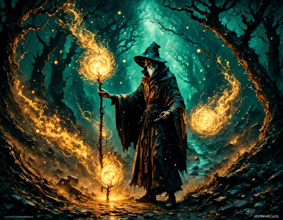 Ancient Mage Casting Spell in Cyberpunk Style