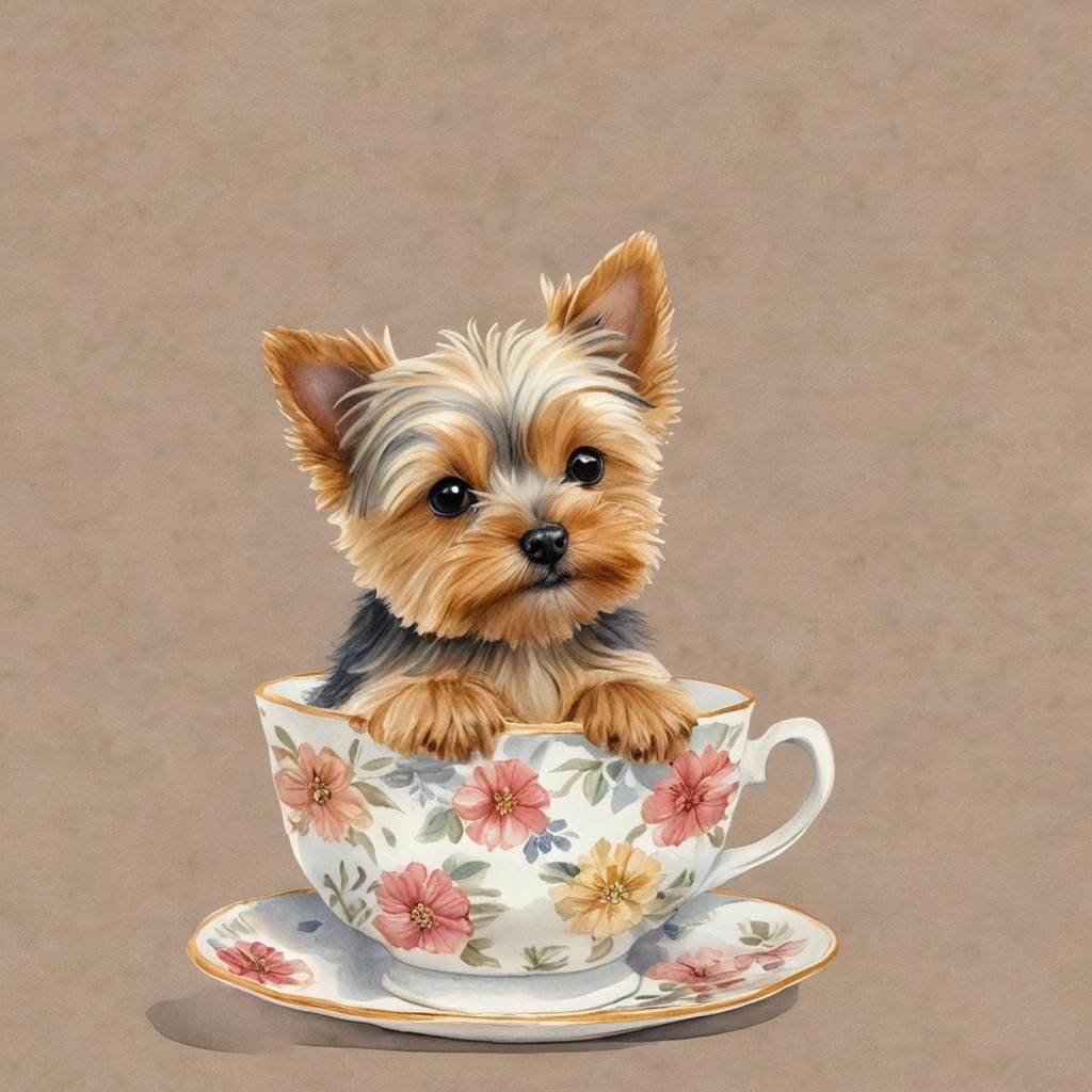 Yorkie Puppy in Teacup: Whimsical Watercolor Illustration