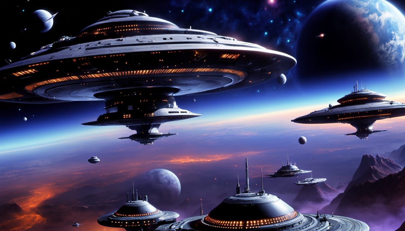 Science Fiction Spaceships and Space Station in Orbit