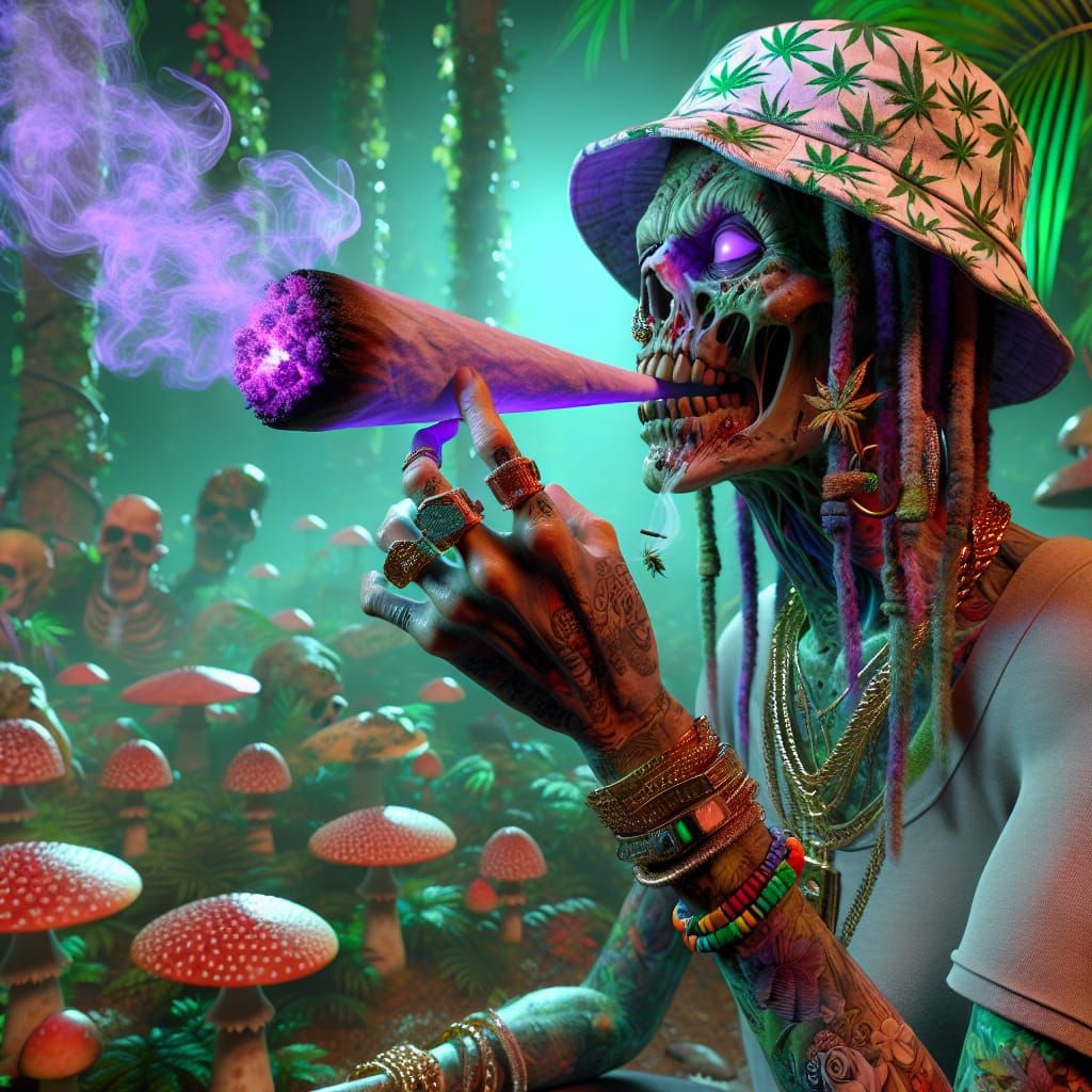 Hyperrealistic 3D Zombie Woman Smoking in Forest