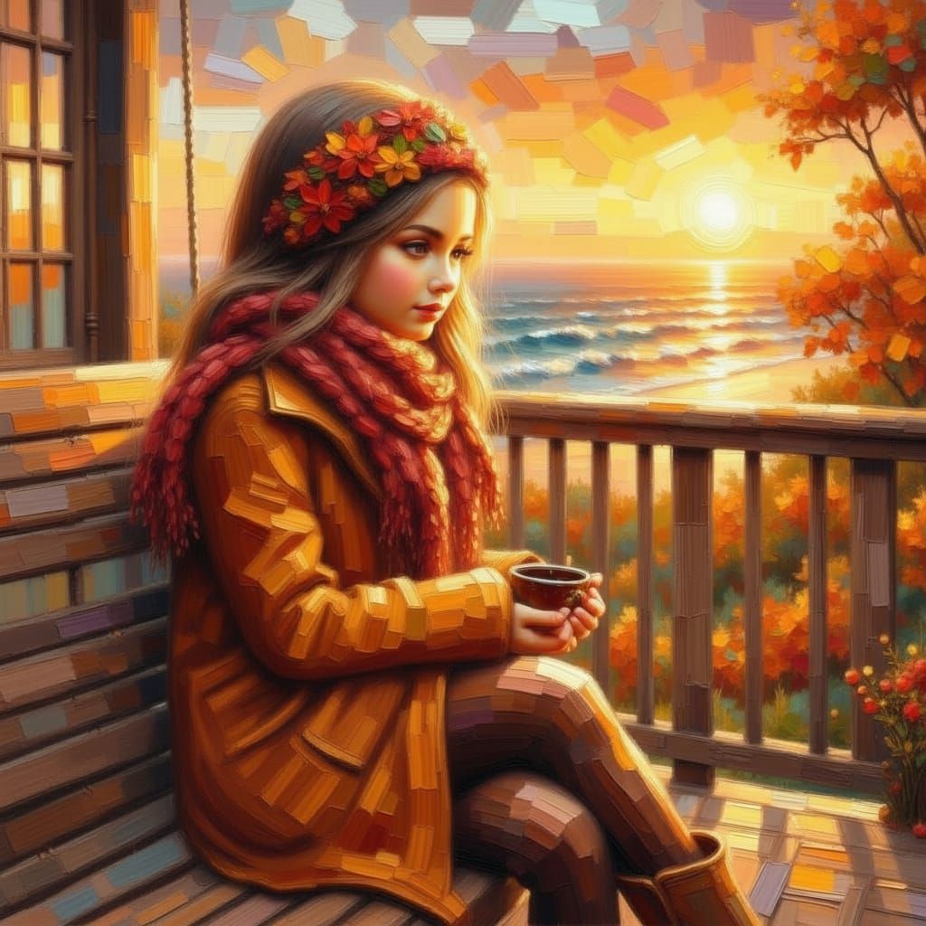 Girl Enjoys Hot Cocoa Overlooking Ocean Sunset