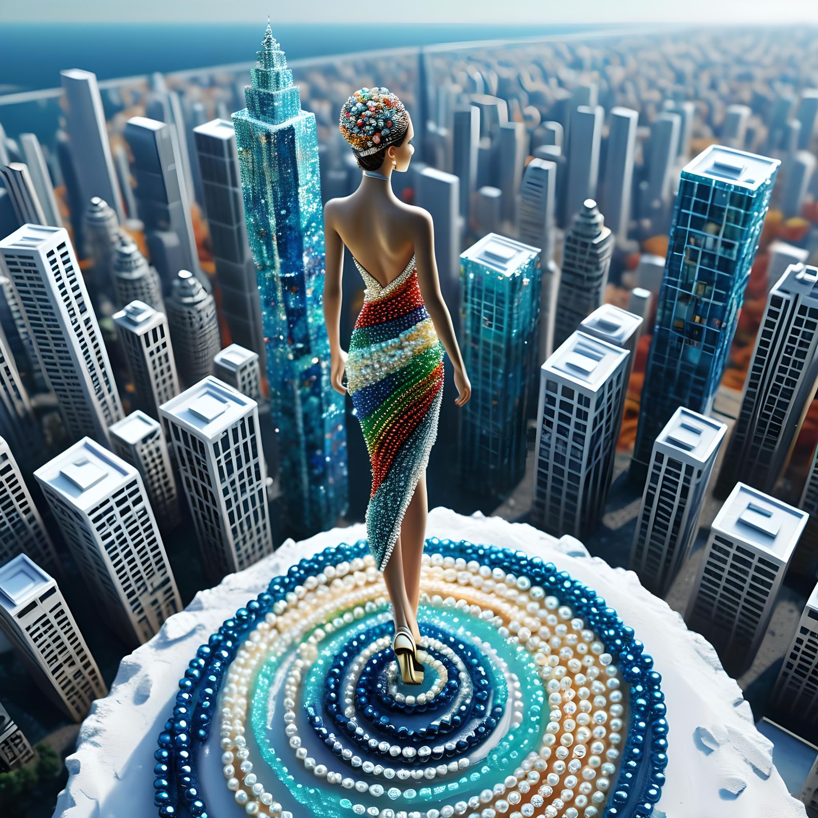 Pearl Woman on Glass Rock: Hyper-Realistic 3D Art