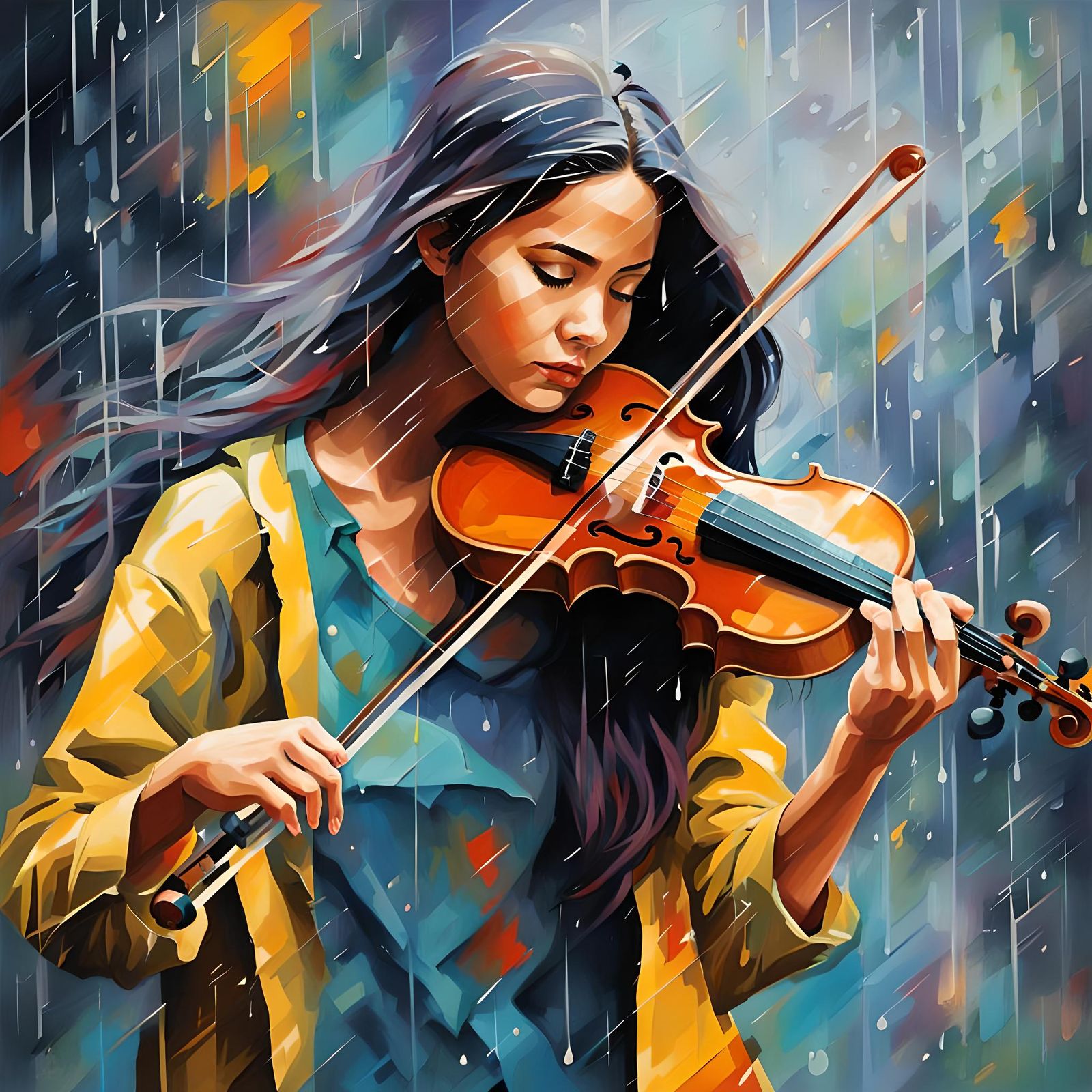 Violinist in Rain: Abstract Digital Art