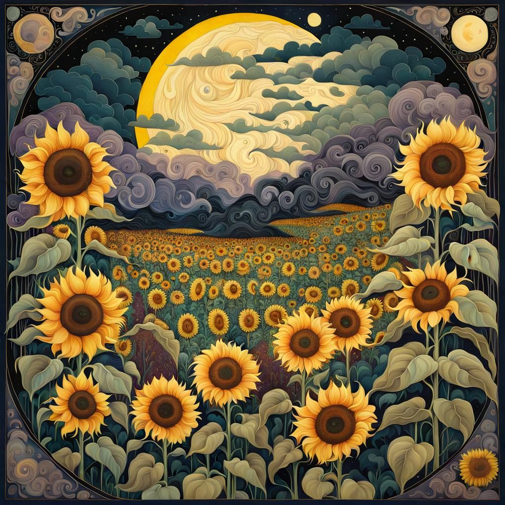 Sunflowers in Stormy Weather, Dreamy Dramatic Lighting