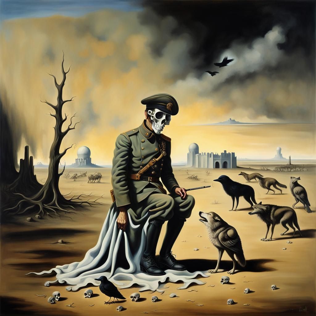 Surreal Soldier Weeps in Ruined Landscape