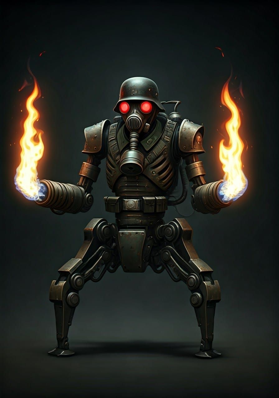 Cyberpunk-Style Soldier Robot with Flamethrower Hands