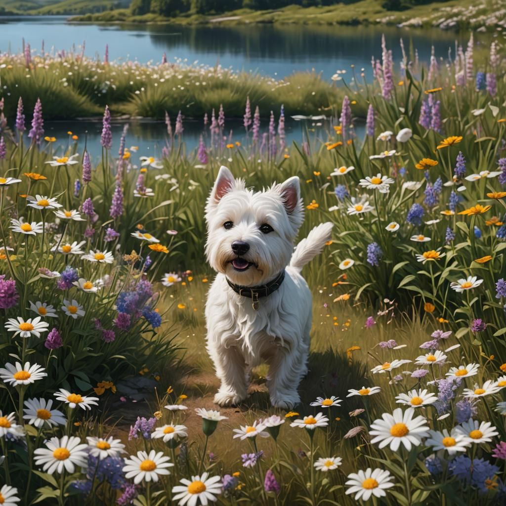 Westie Dog in Wildflower Field: Fantasy Art