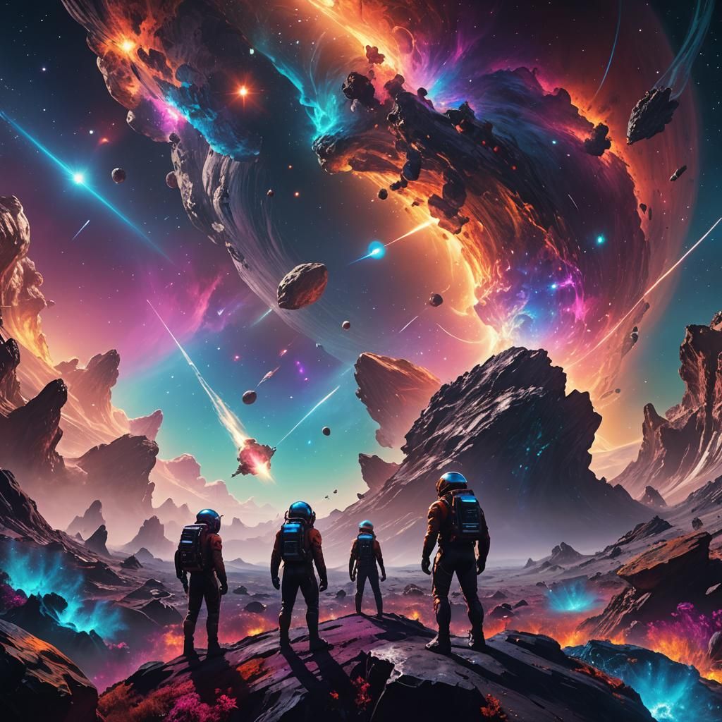 Space Explorers on Iridescent Asteroid: Epic Fantasy Art