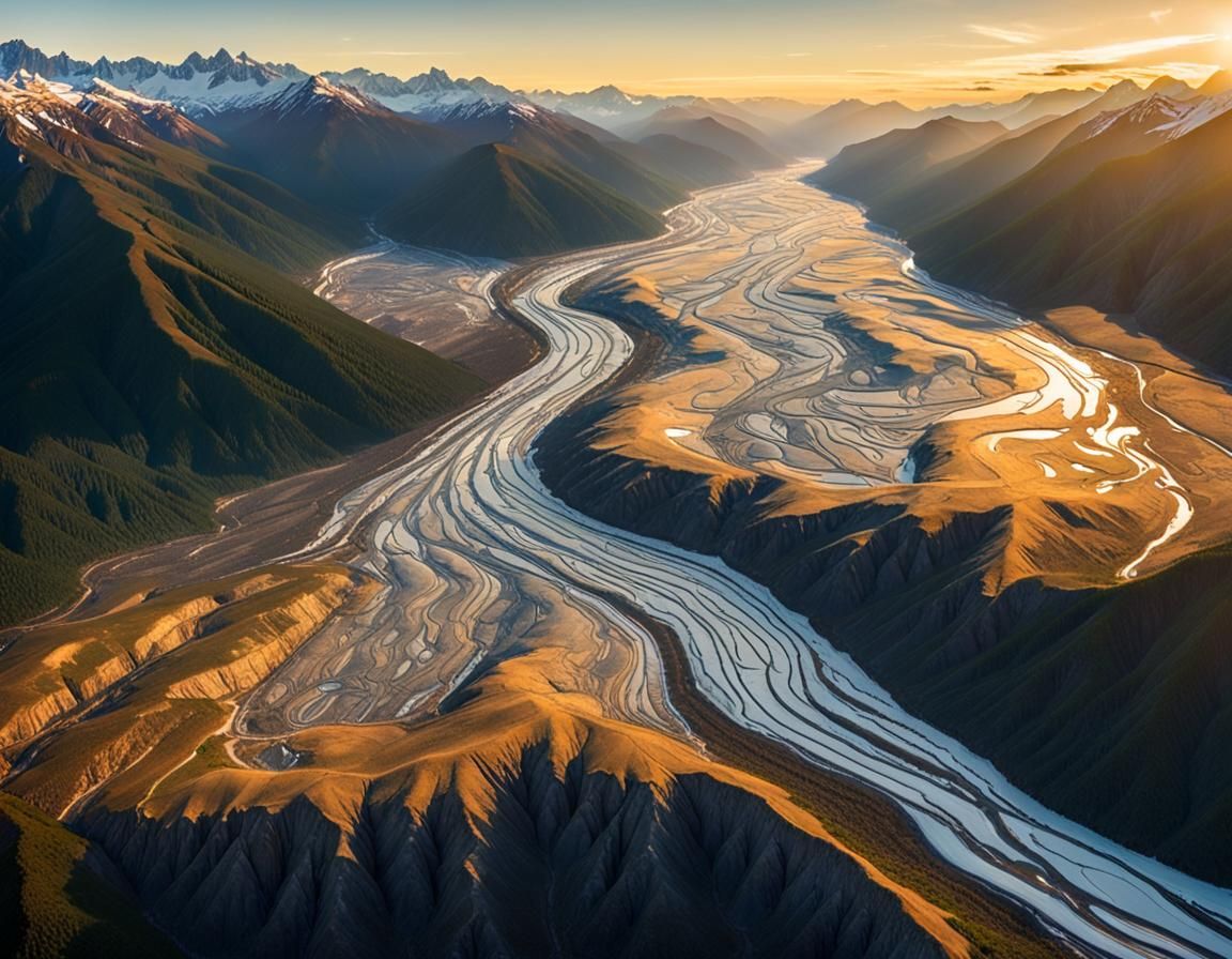Aerial View of Glacial Valley at Golden Hour
