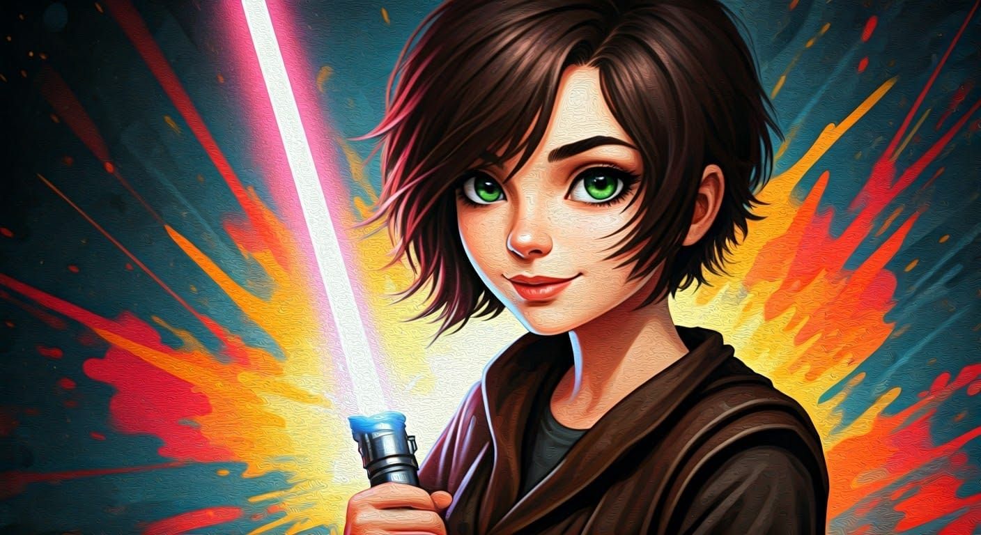 Brunette with Lightsaber in Neo-Impressionist Graffiti Art