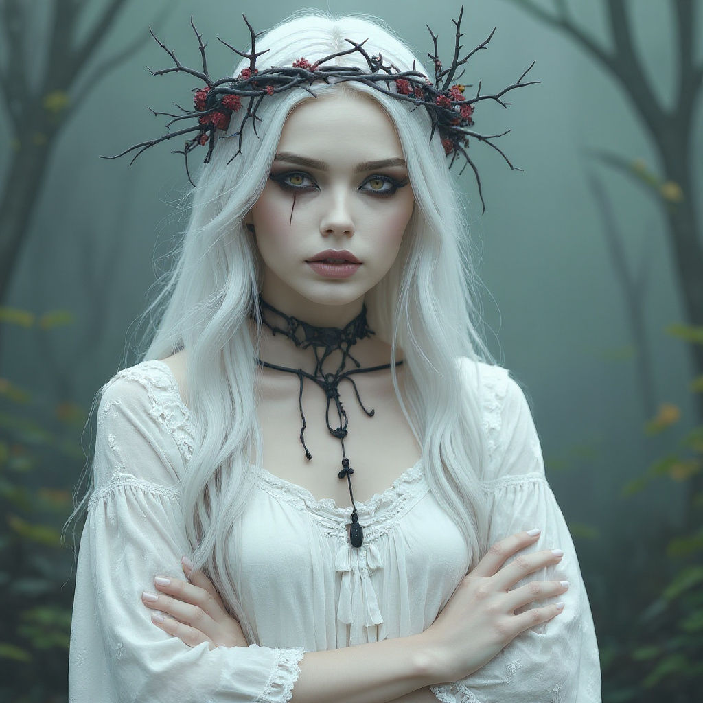 Dreamy Ghostly Woman with Silver Hair and Crown