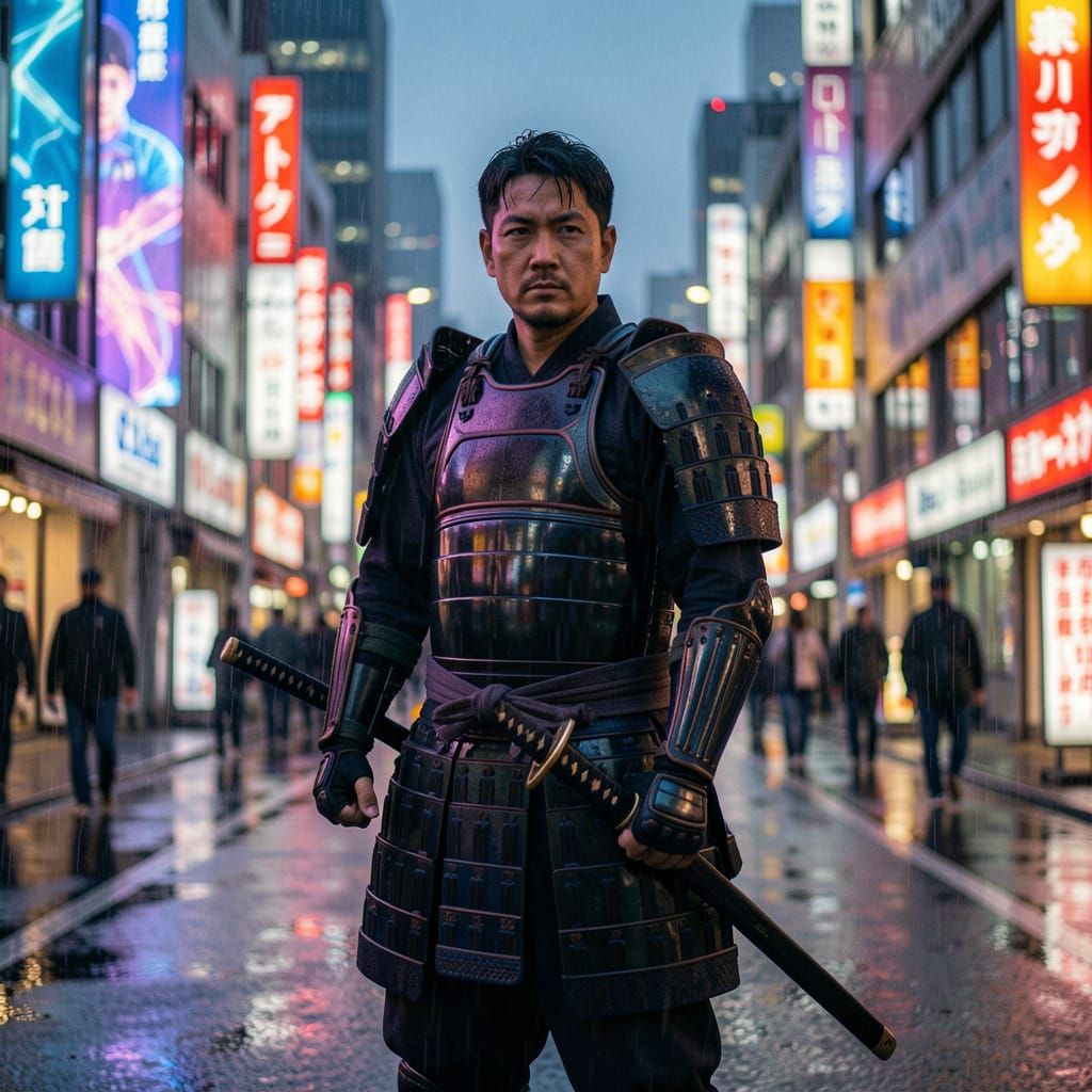 Samurai in Neon Tokyo Street at Dusk