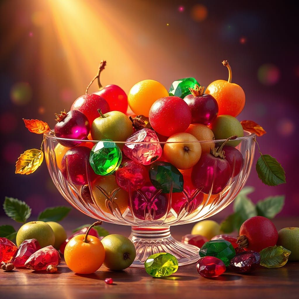 Jewel-Toned Fruit Overflowing Crystal Bowl in Art Nouveau St...