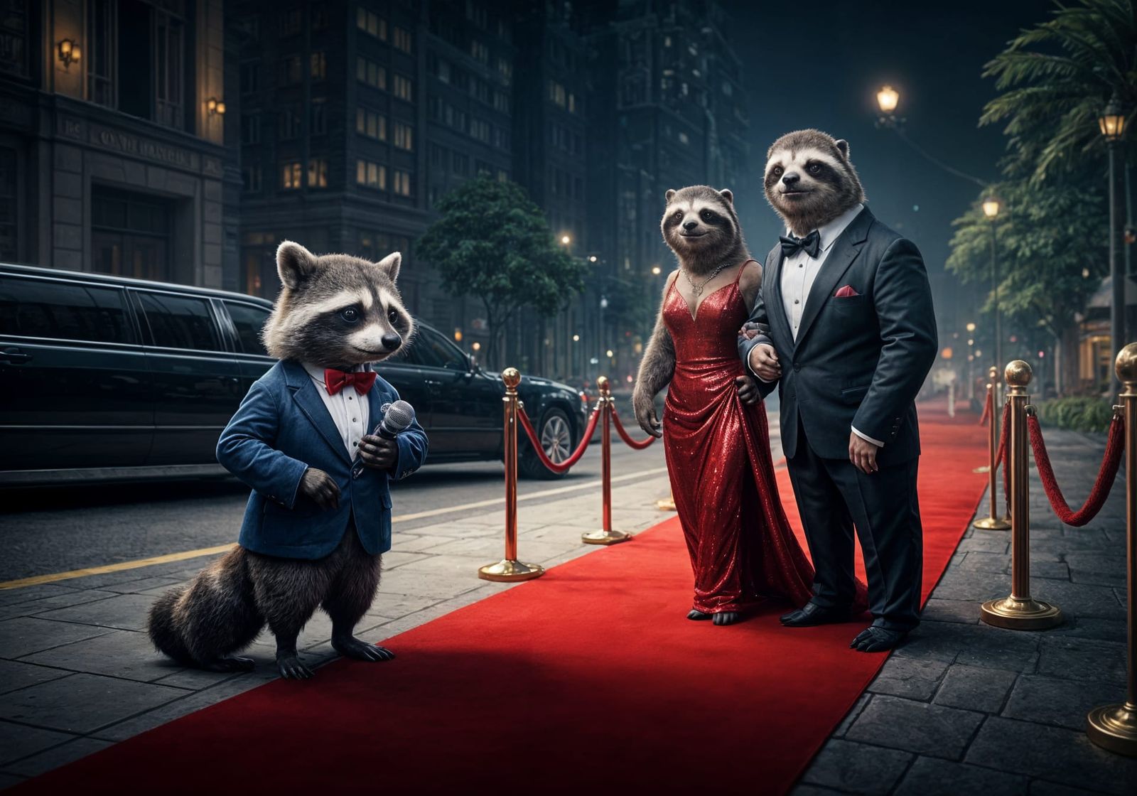 Elegant Sloth Couple Strolls Red Carpet as Raccoon DJ Waits