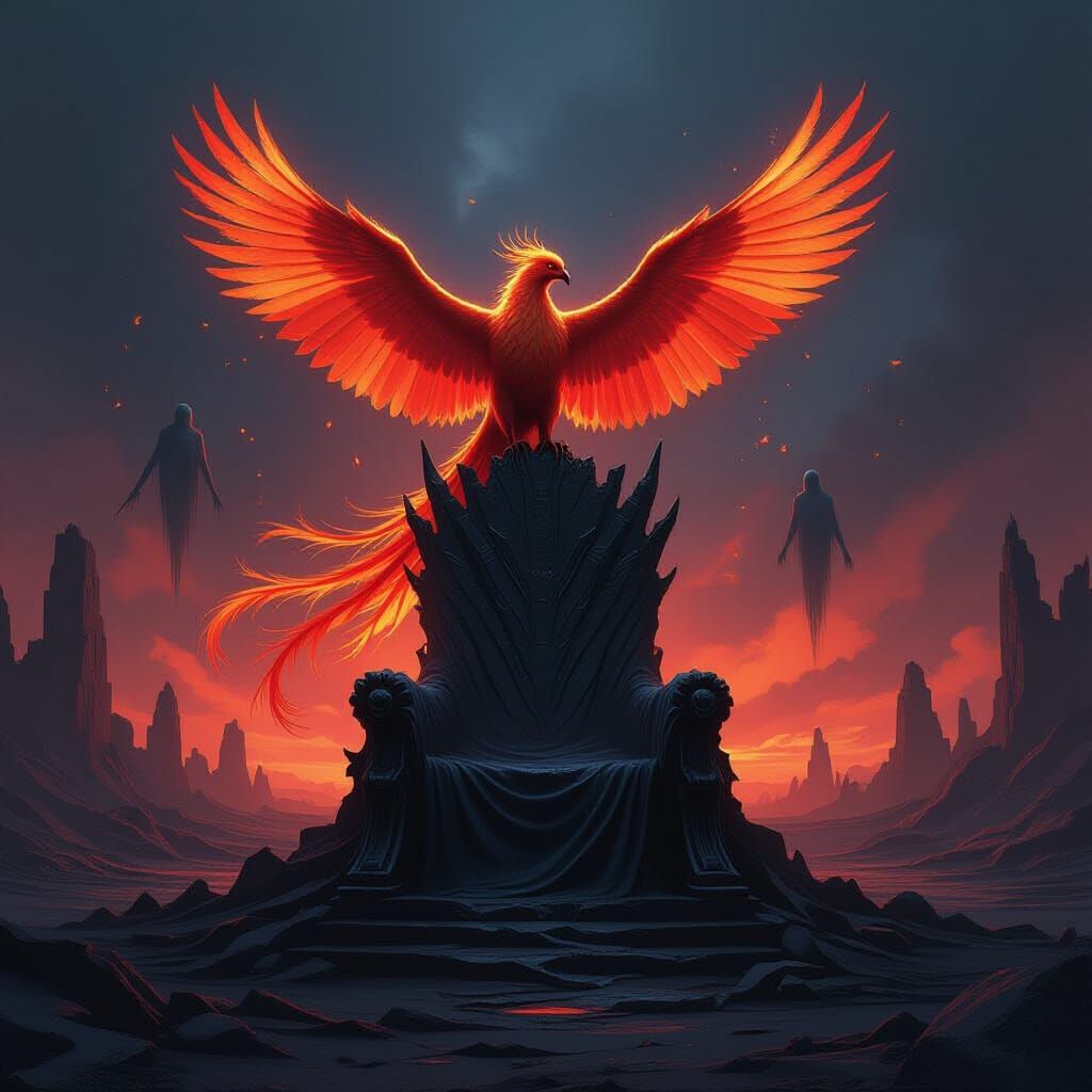 Majestic Phoenix on Obsidian Throne in Dark Fantasy